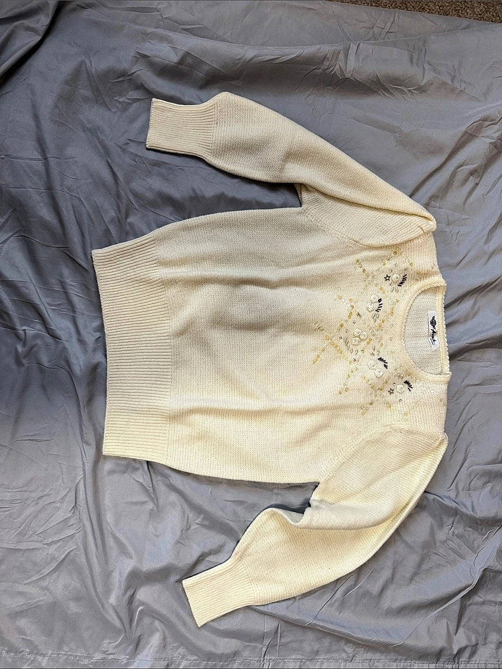 Vintage Anna Embellished Cream Crew Neck Sweater